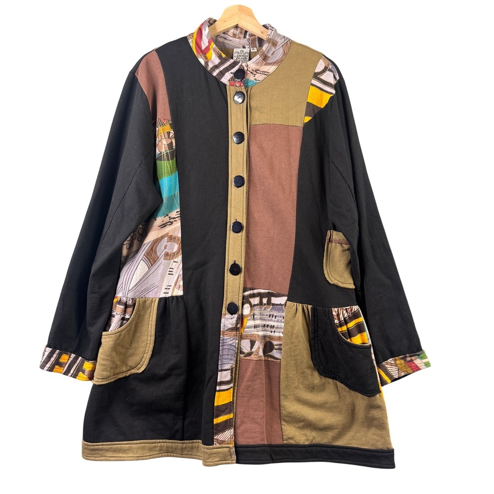 Parsley & Sage XL Patchwork Button Front Jacket Cotton Fleece Lined Art To Wear